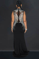 Glitzerndes, Strass-besetztes Maxi-Abendkleid mit Stehkragen und transparentem Einsatz - Schwarz